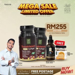 2x Tocotrienols + FREE Habbatussasuda 50ml + FREE Madu 50g